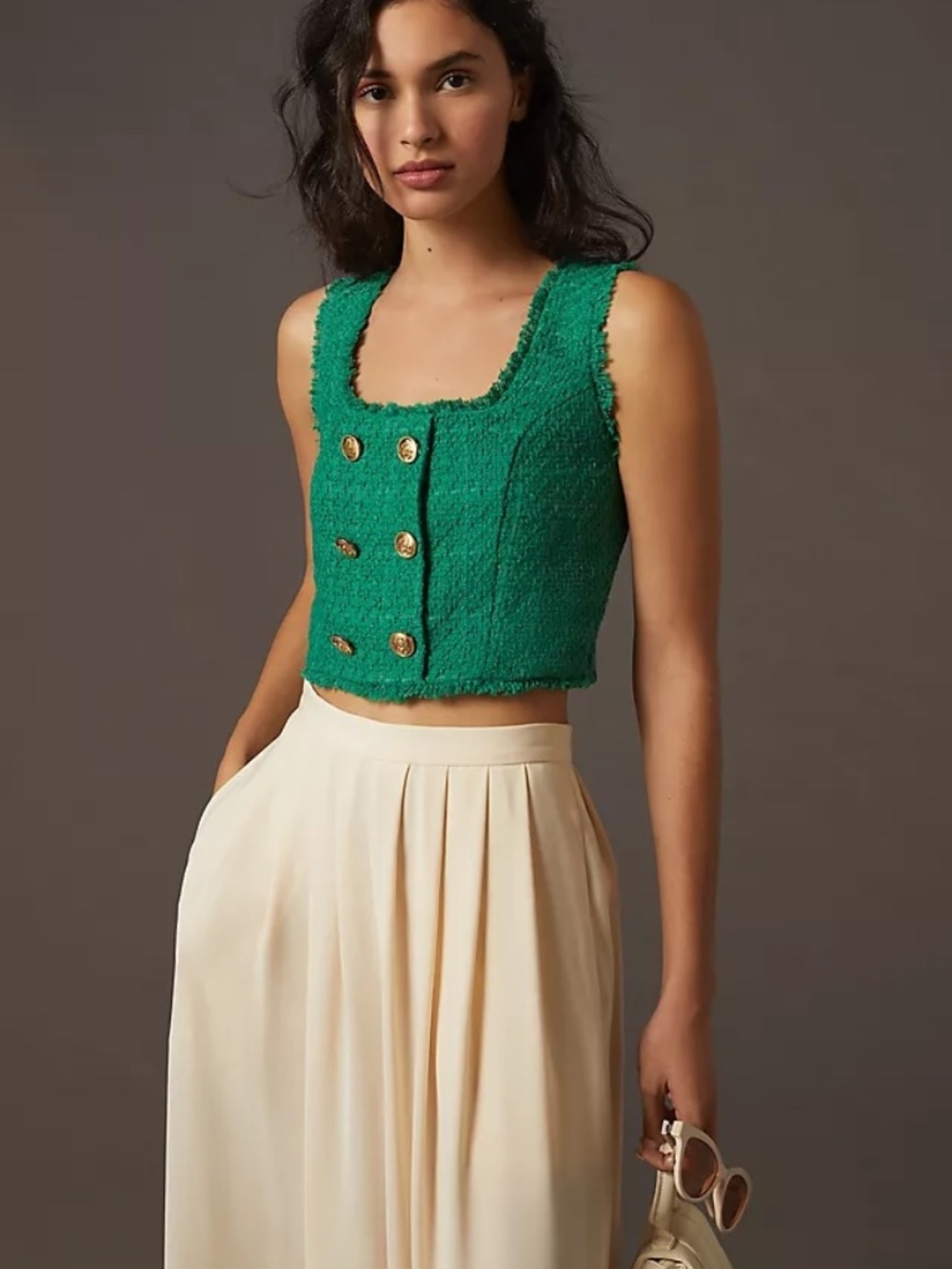 Maeve Green Tweed Cropped Vest with Gold Buttons